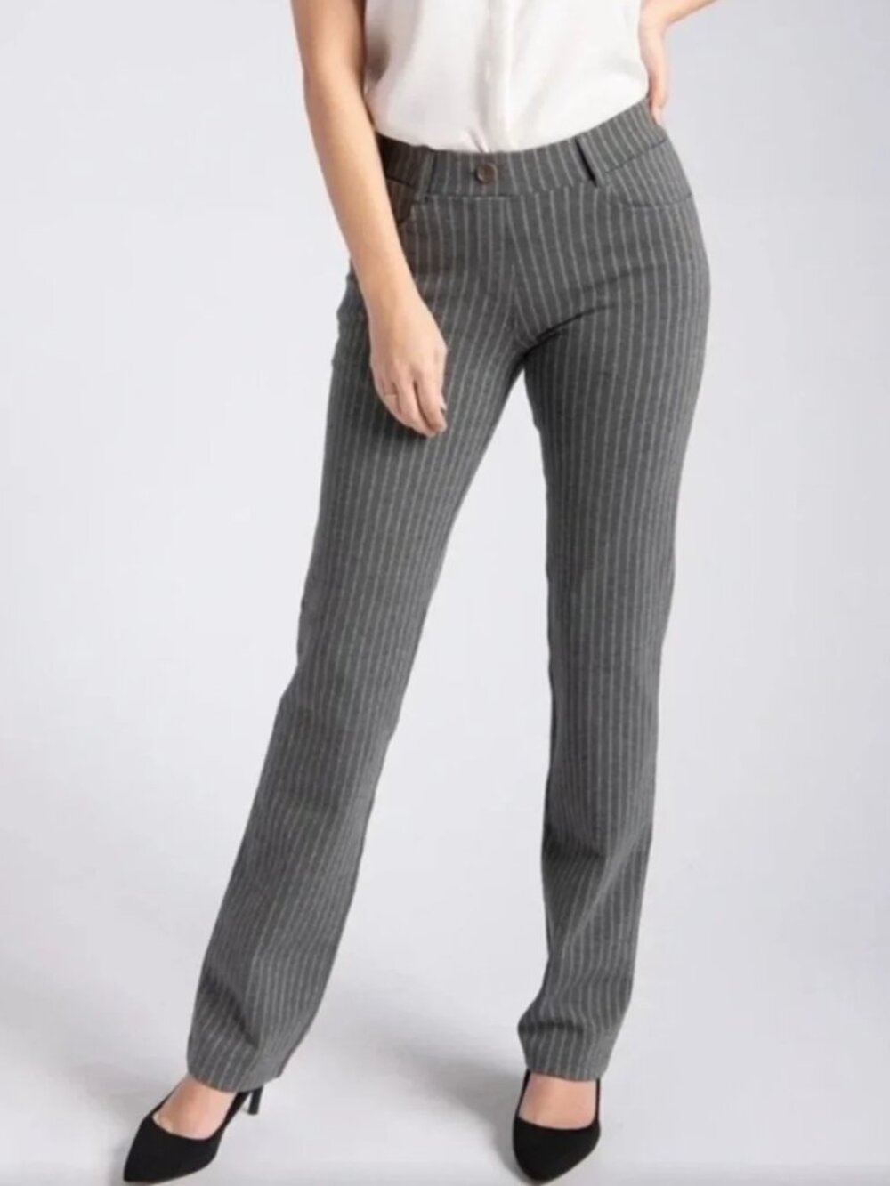 New Betabrand Silver Pinstripe Straight Dress Pant Yoga Pants Medium Long Tall